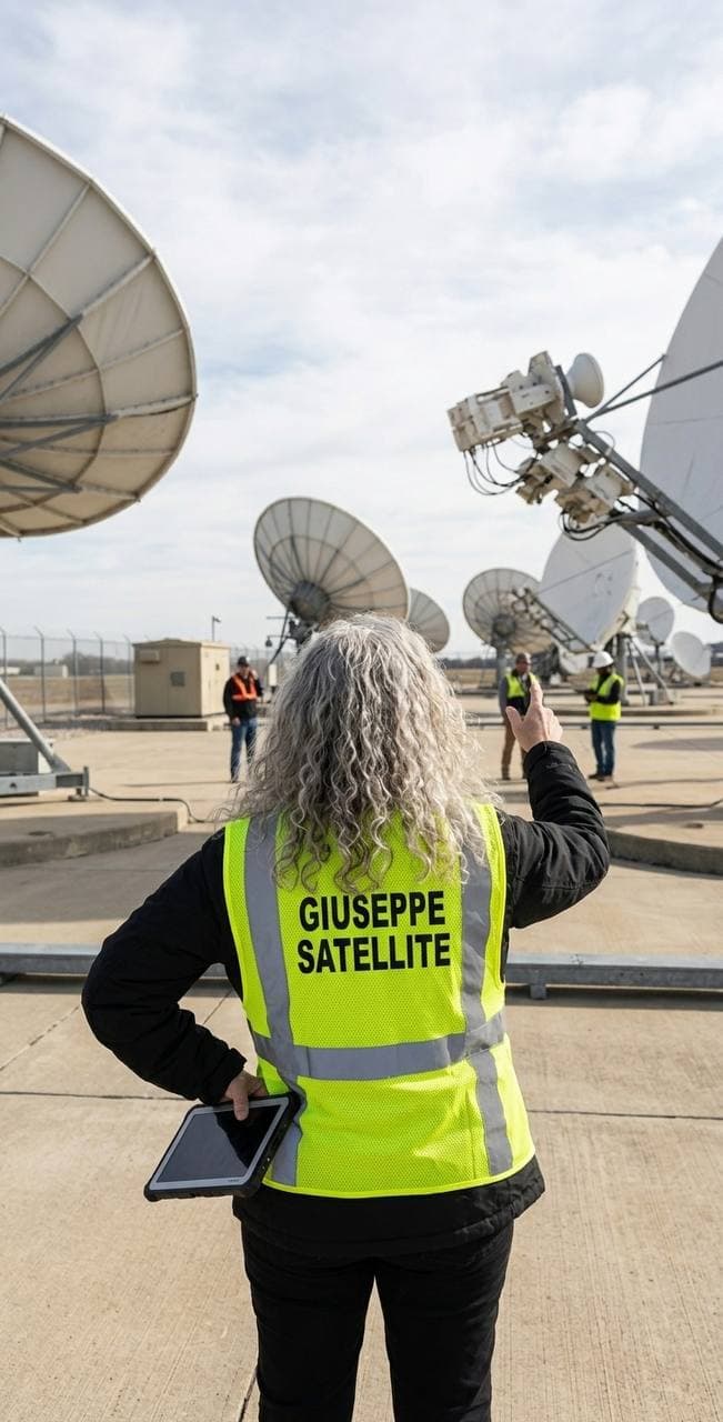Jessica Giuseppe inspecting satellite dish in the field