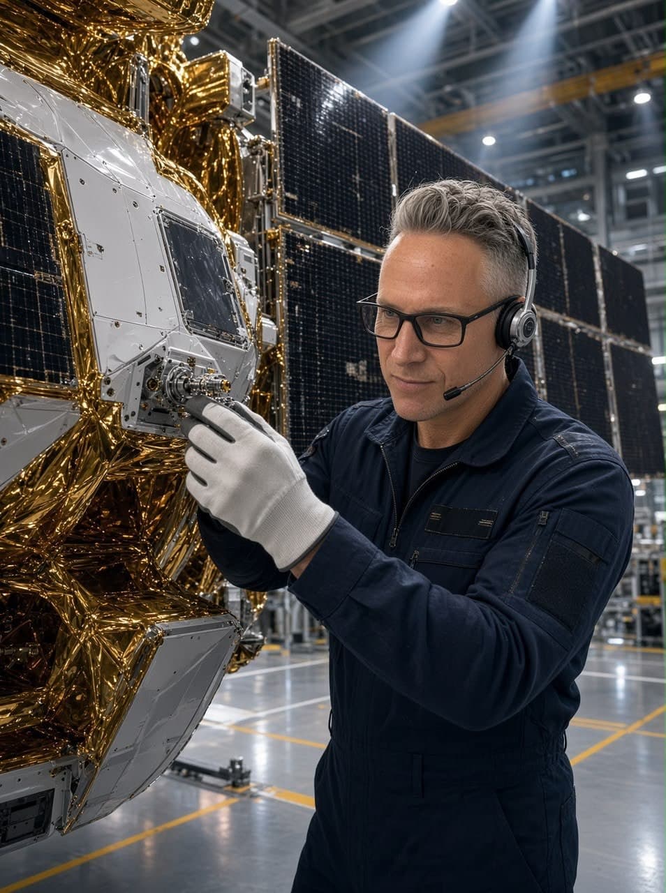 Michael Miller inspecting satellite dish in the field